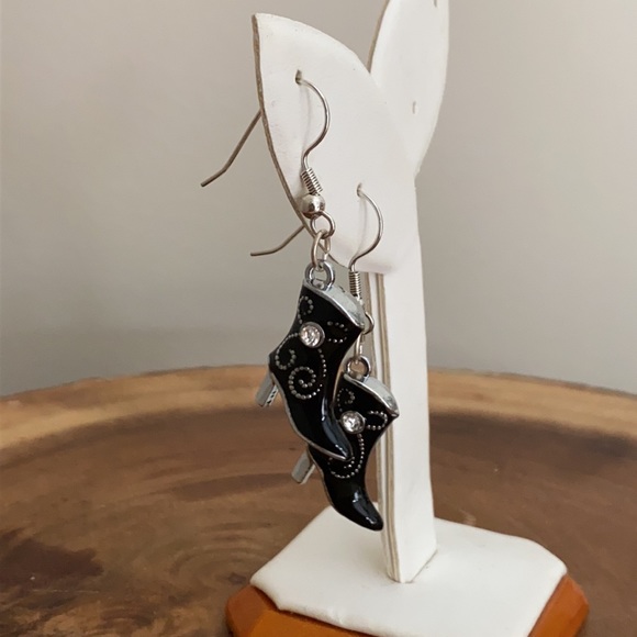 Enamel Dangle Western Rhinestone Cowboy Boot Earrings Black - Picture 2 of 3